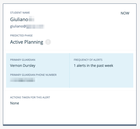 A student's alert tile in GoGuardian Beacon displaying student name, predicted alert phase, Guardian, and alert…