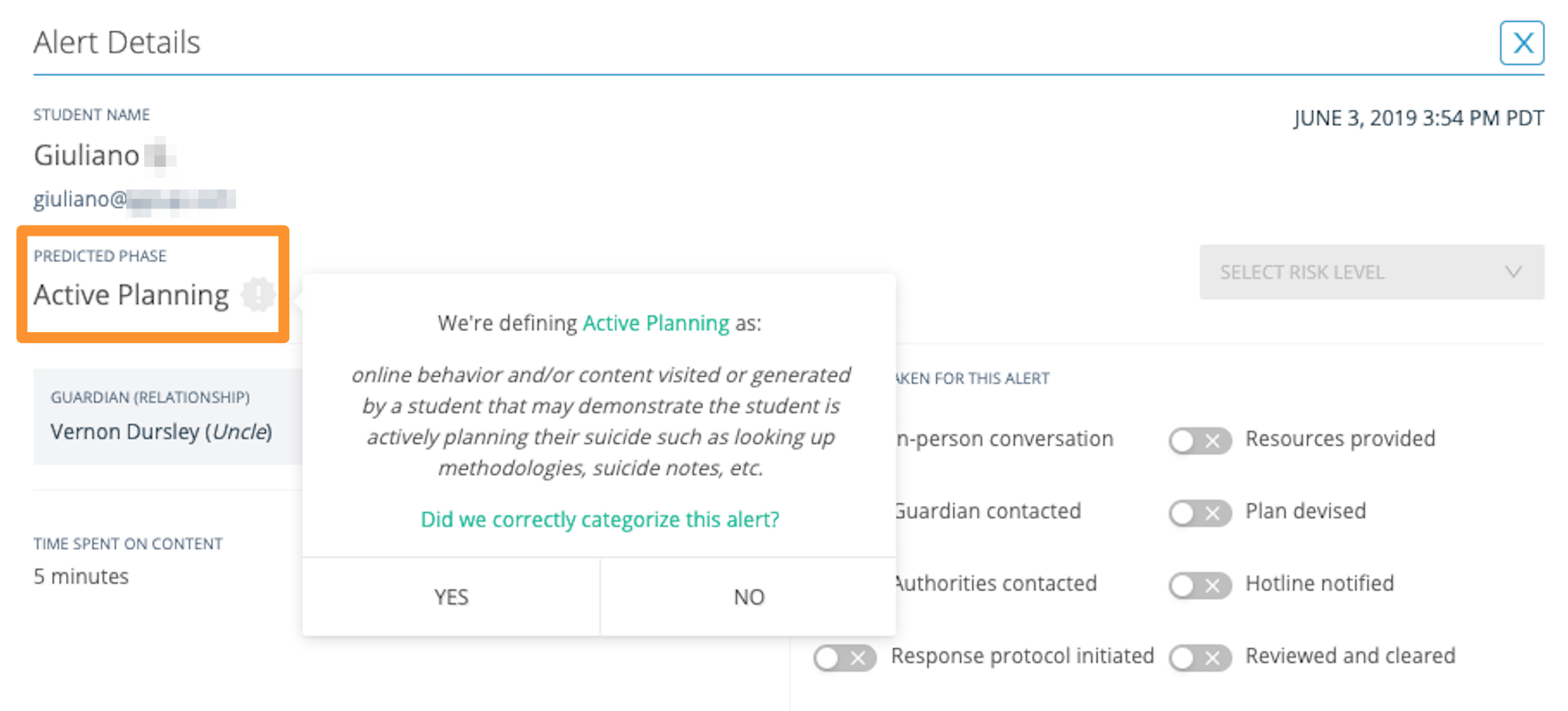 Alert Details Beacon alert card highlighting the Predicted Phase of 'Active Planning'