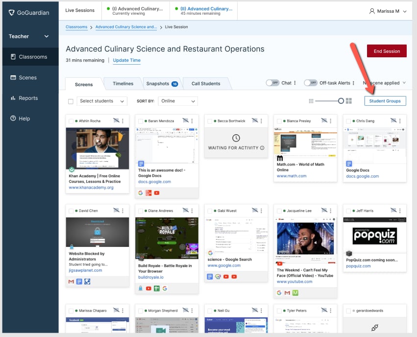 The 'Student Groups' button highlighted in a GoGuardian Teacher class session