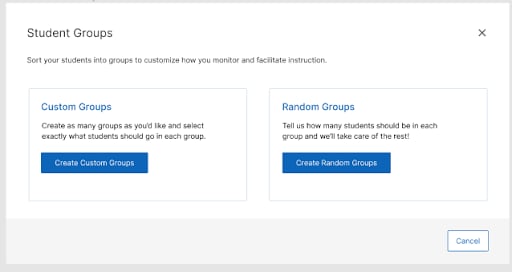 Student Groups modal with two button options for random groups and custom made groups