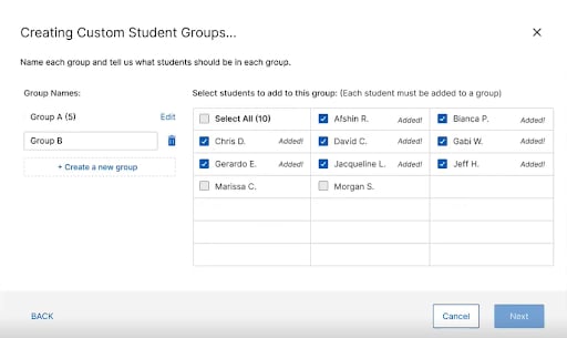 Student Groups customization interface for adding students to groups