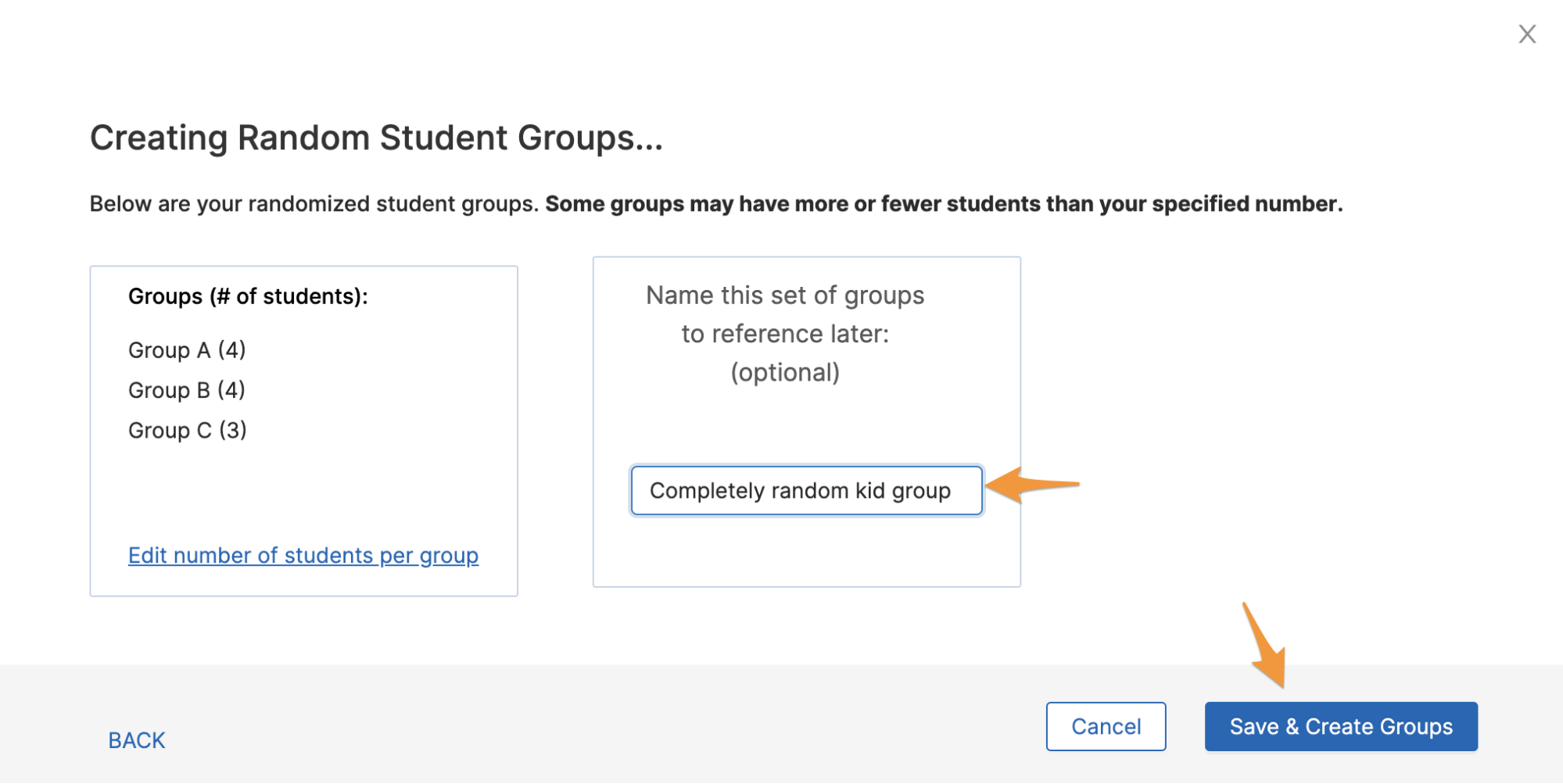 Random Student Groups creation page highlighting the description entry and save + create button