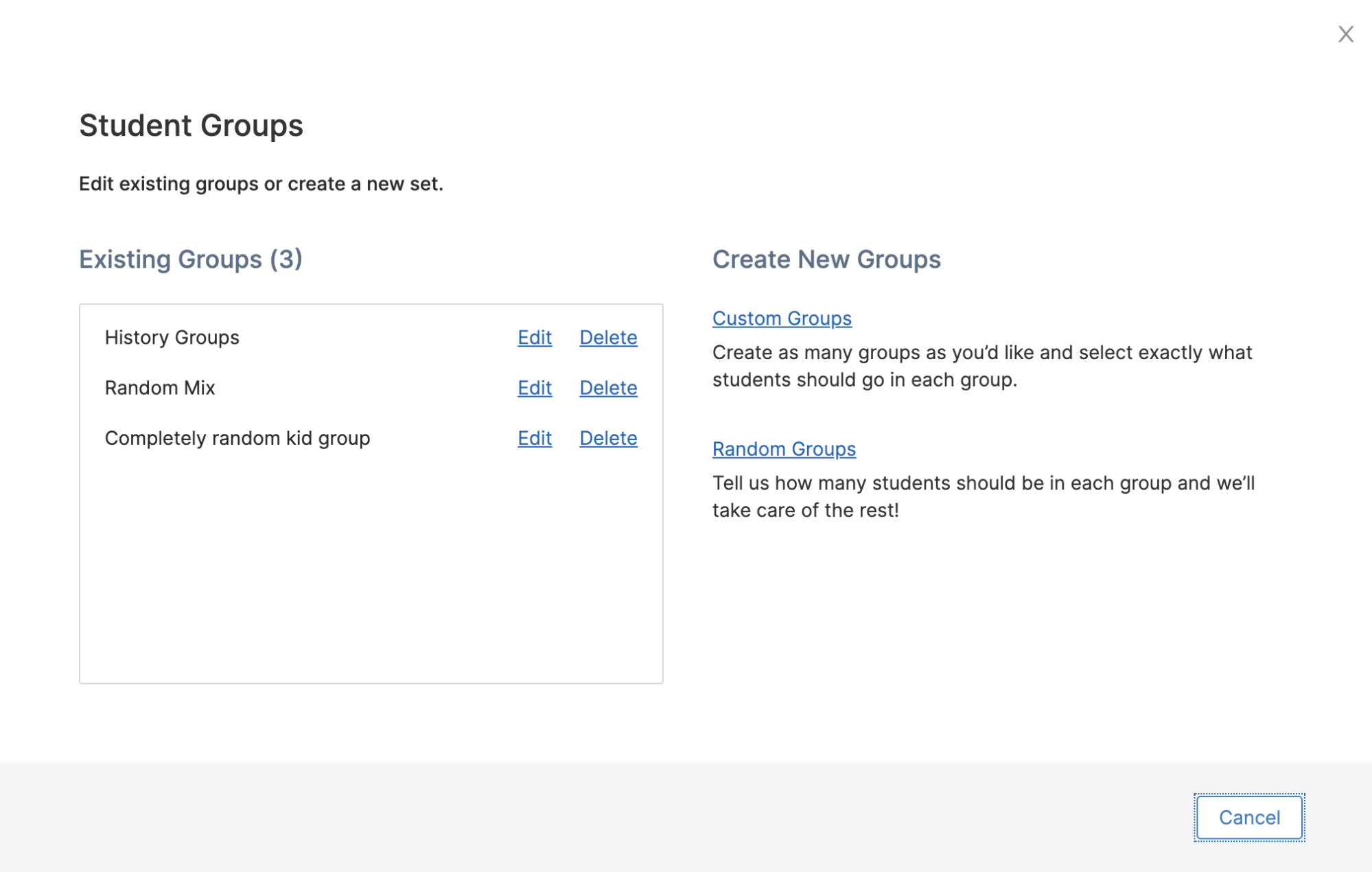 Edit Student Groups modal for making changes to existing groups