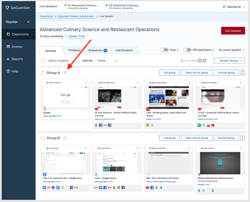 Group editing Cogwheel button for customizing groups