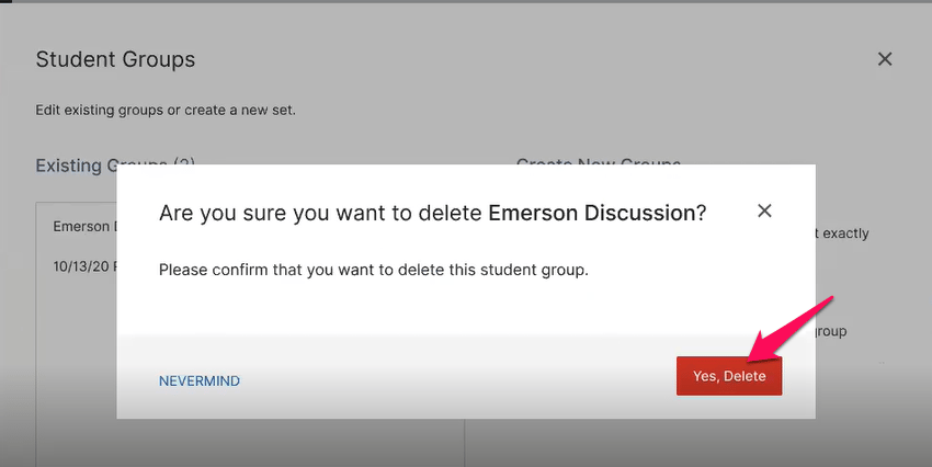 Group deletion confirmation page highlighting a "yes, Delete" button