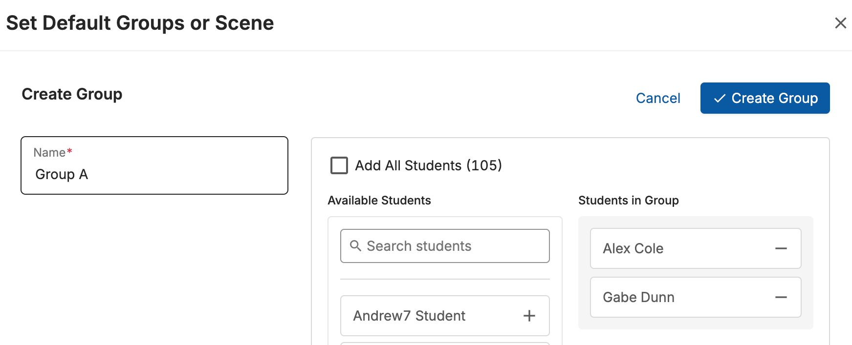 The 'Create Group' screen with a group name entered and students added from the available students list
