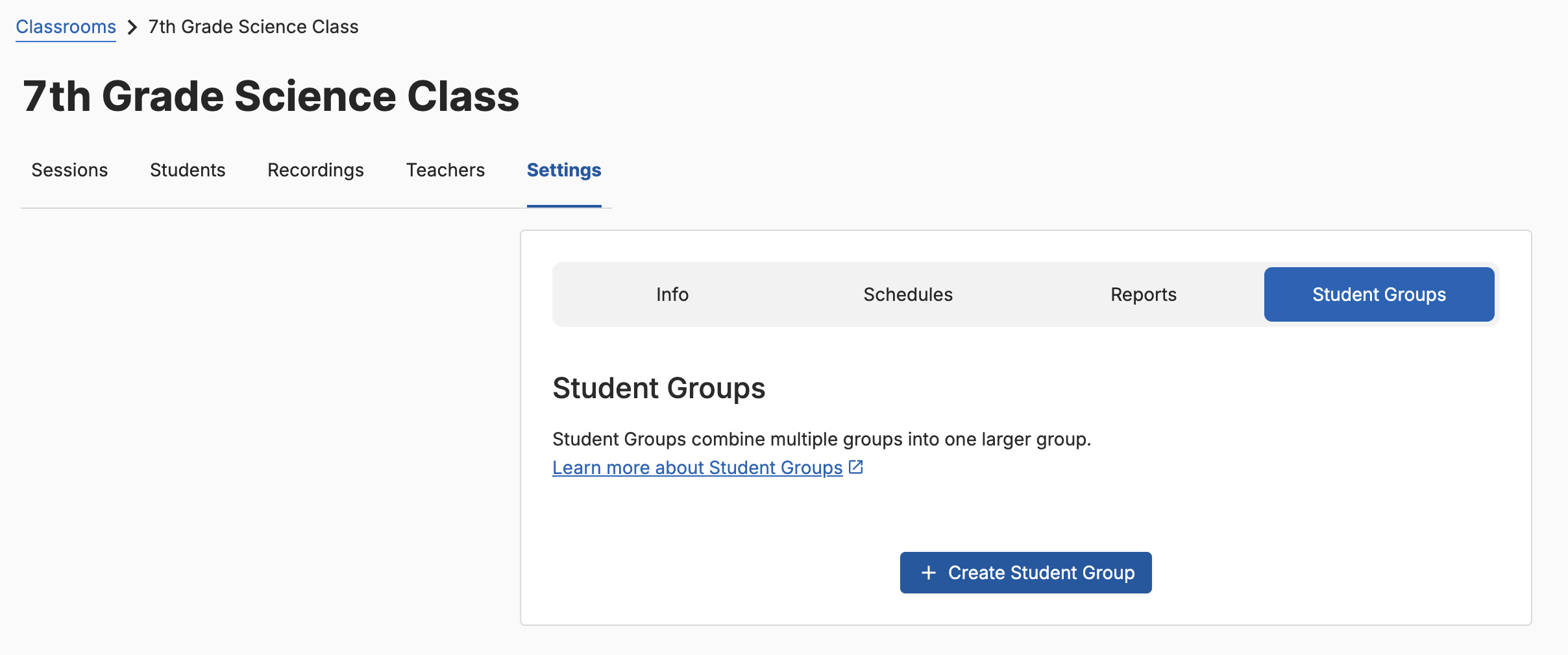 The Student Groups tab of a class's Settings page with the Create Student Group button highlighted