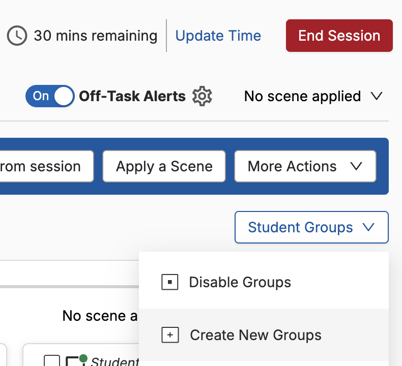 The Student Groups dropdown menu with Disable Groups and Create New Groups options