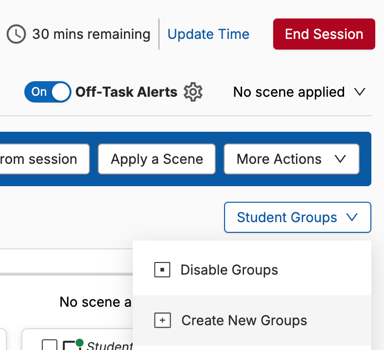 The Student Groups dropdown menu with Disable Groups and Create New Groups options