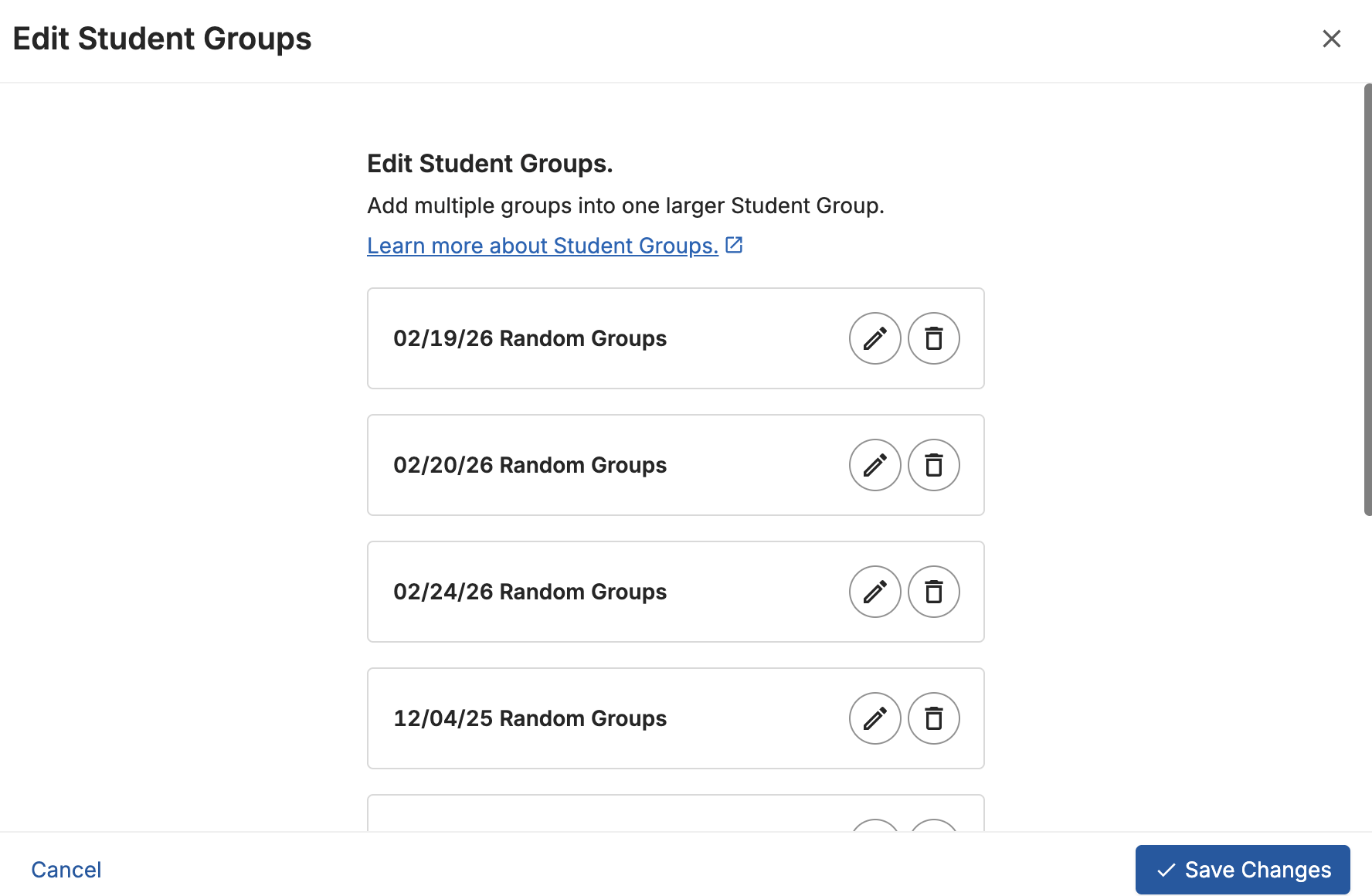 The Student Groups dropdown menu with Edit Existing Groups highlighted
