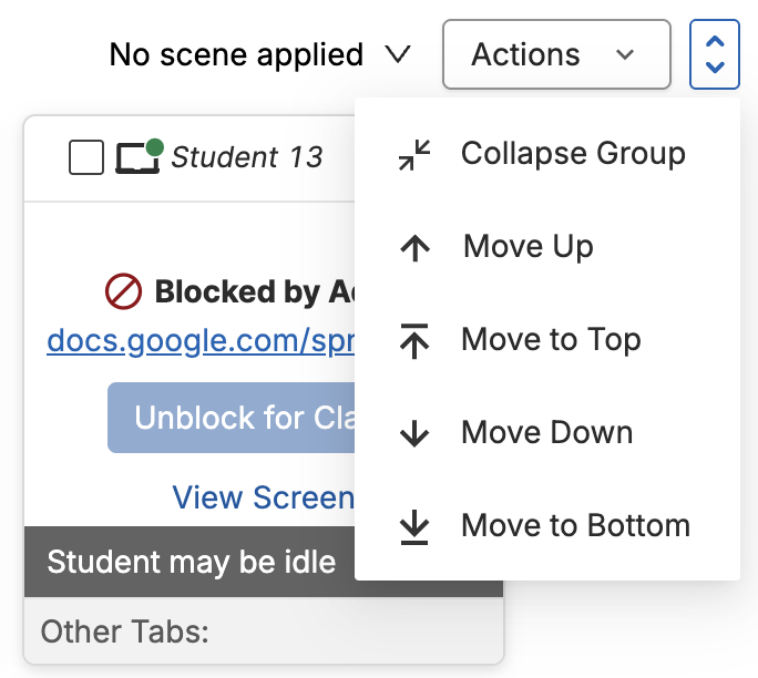 The Actions dropdown for a student group with Collapse Group, Move Up, Move to Top, Move Down, and Move to Bottom options