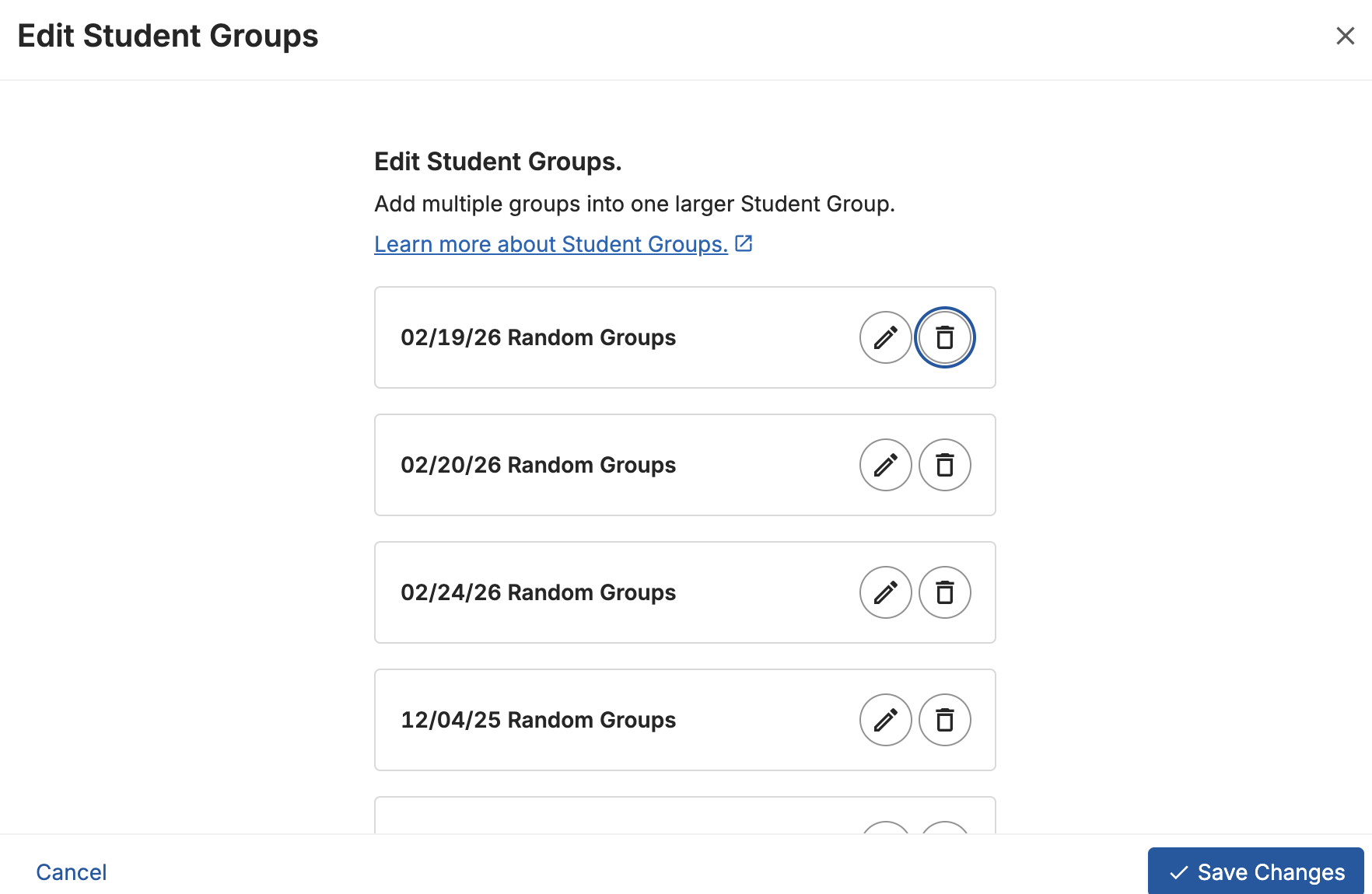 The 'Edit Student Groups' list with a trash can button selected for a group