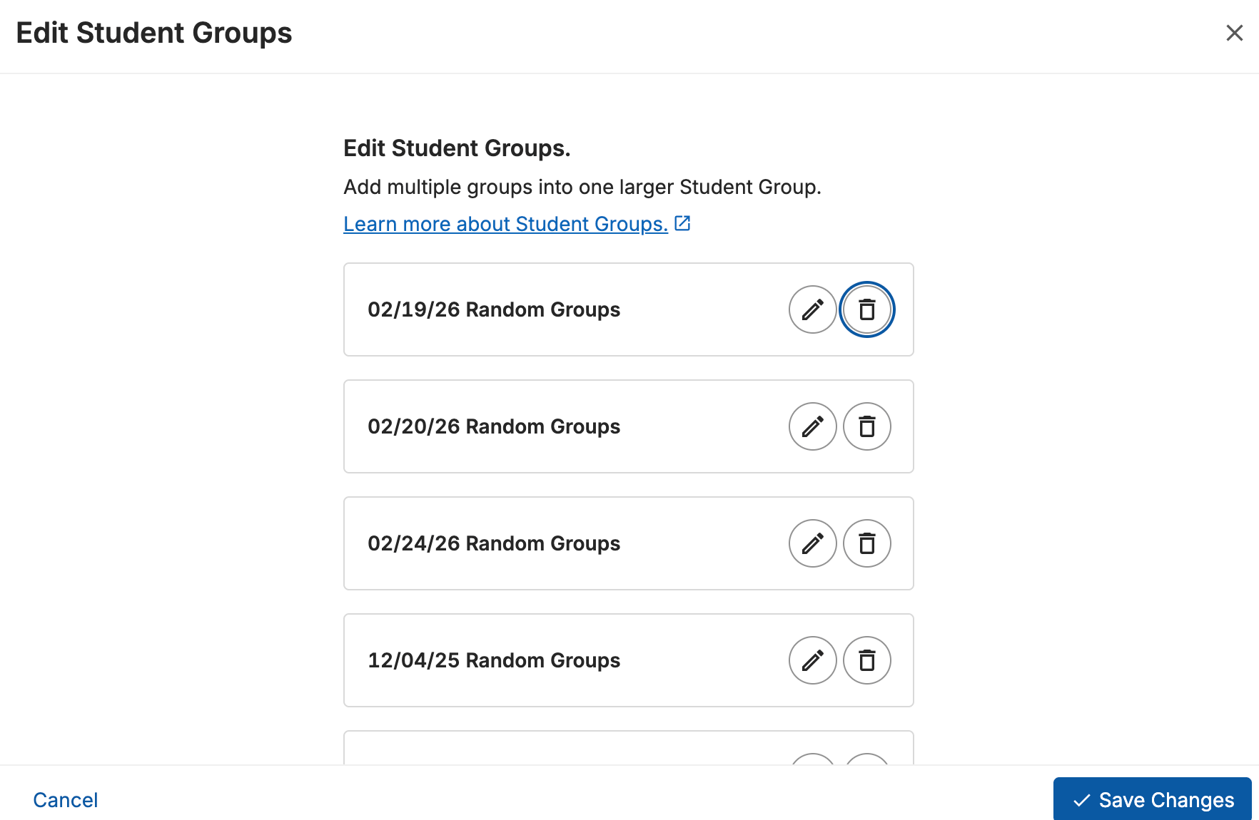 The 'Edit Student Groups' list with a trash can button selected for a group
