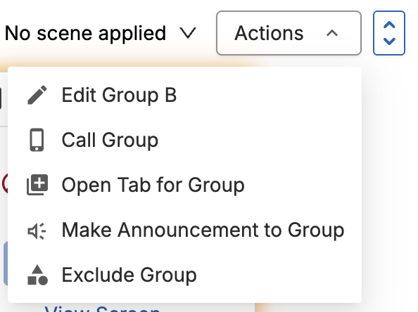 The Actions menu for a student group with Edit, Call, Open Tab, Make Announcement, and Exclude Group options