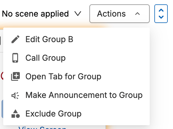 The Actions menu for a student group with Edit, Call, Open Tab, Make Announcement, and Exclude Group options