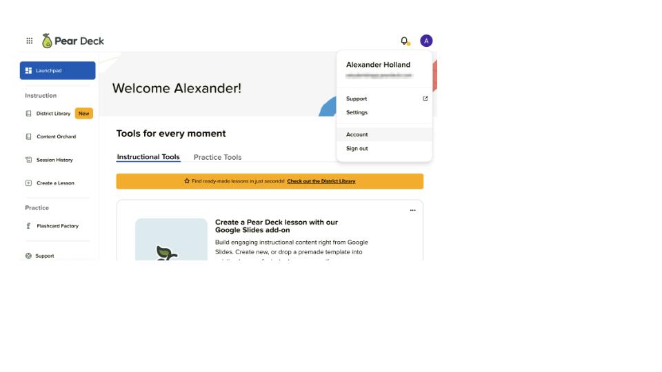 Pear Deck Home with the profile picture menu open and Account highlighted