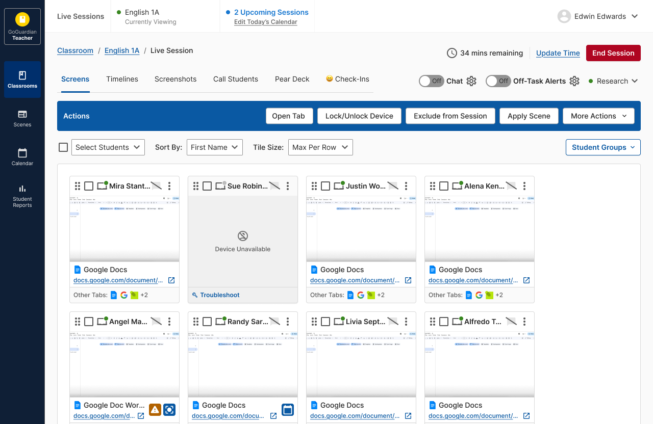 A student tile showing 'Device Unavailable' with a Troubleshoot link in a GoGuardian Teacher Live Session.