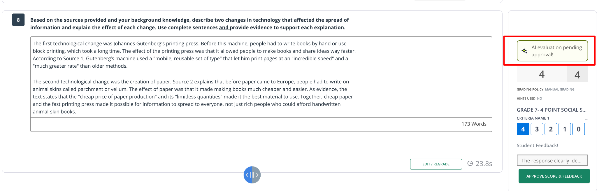 A student response in the Live Class Board with the AI Evaluation Pending Approval tag.