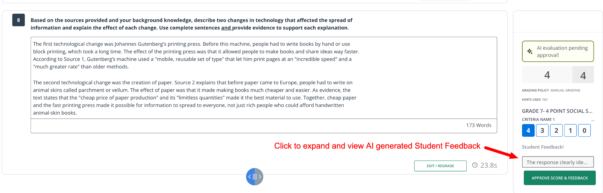 The Student Feedback box with a callout to expand and view AI-generated feedback.