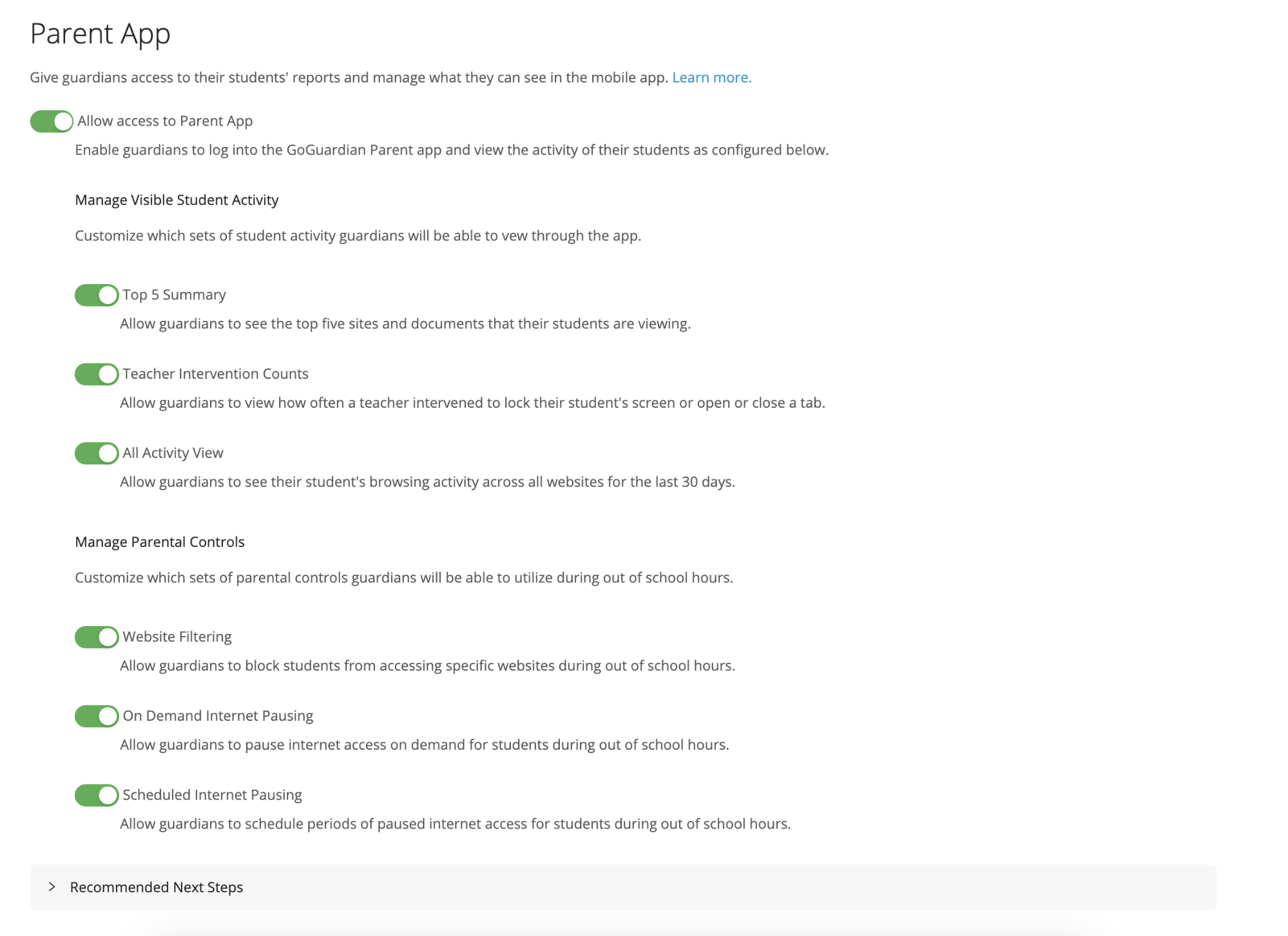 The Parent App toggle settings