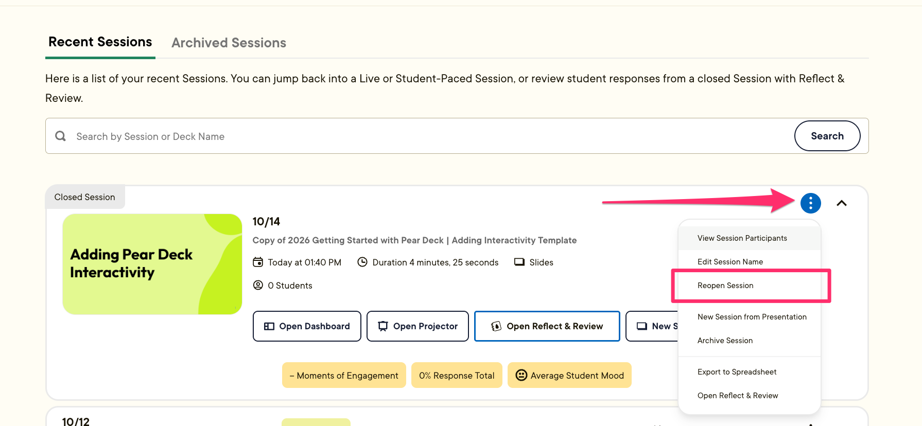Pear Deck Sessions page showing the More Actions menu for a closed session