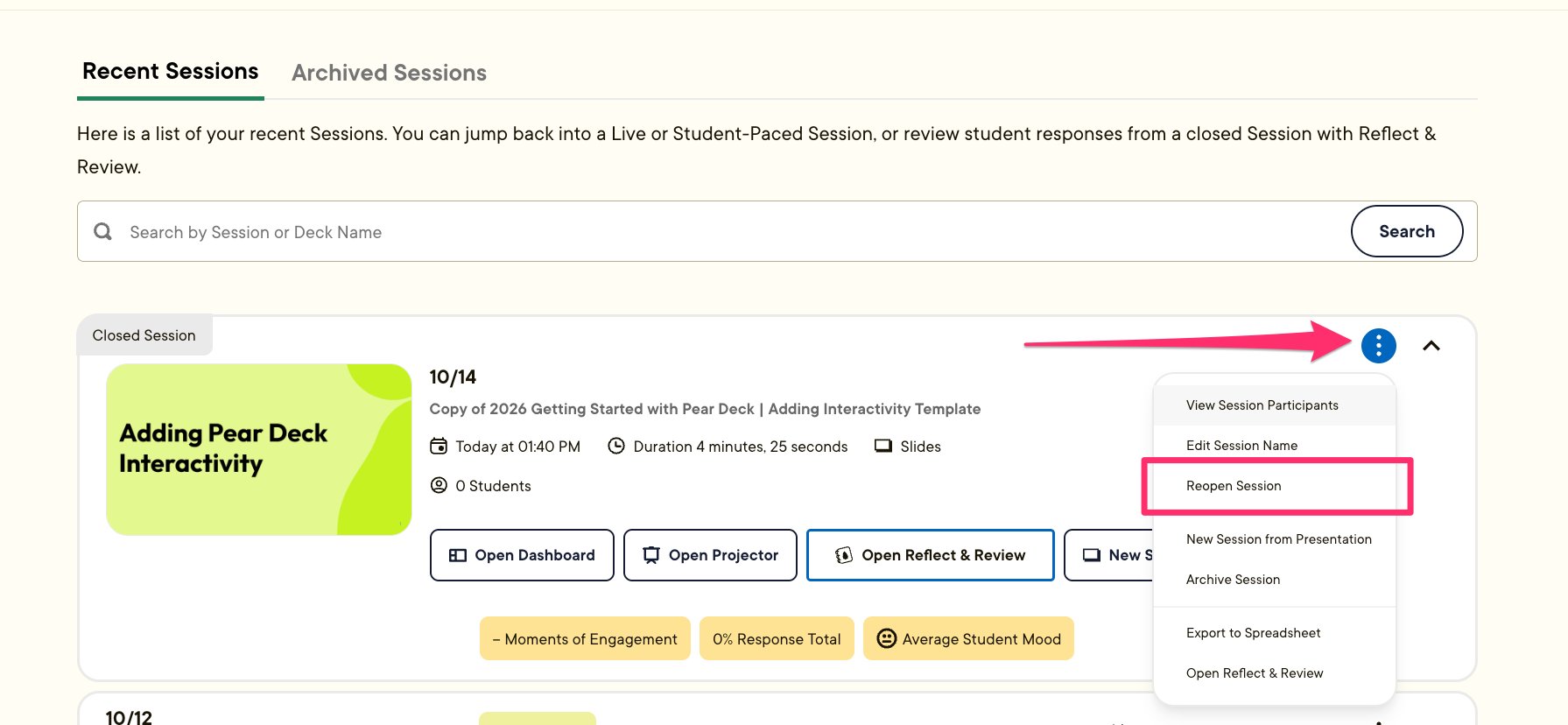Pear Deck Sessions page showing the More Actions menu for a closed session