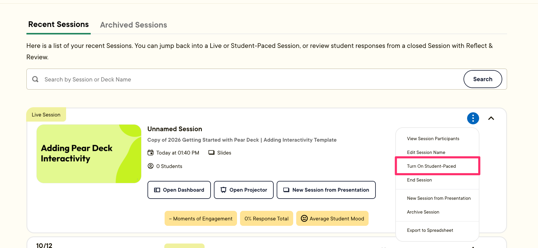 Pear Deck Sessions page showing the More Actions menu for a live session