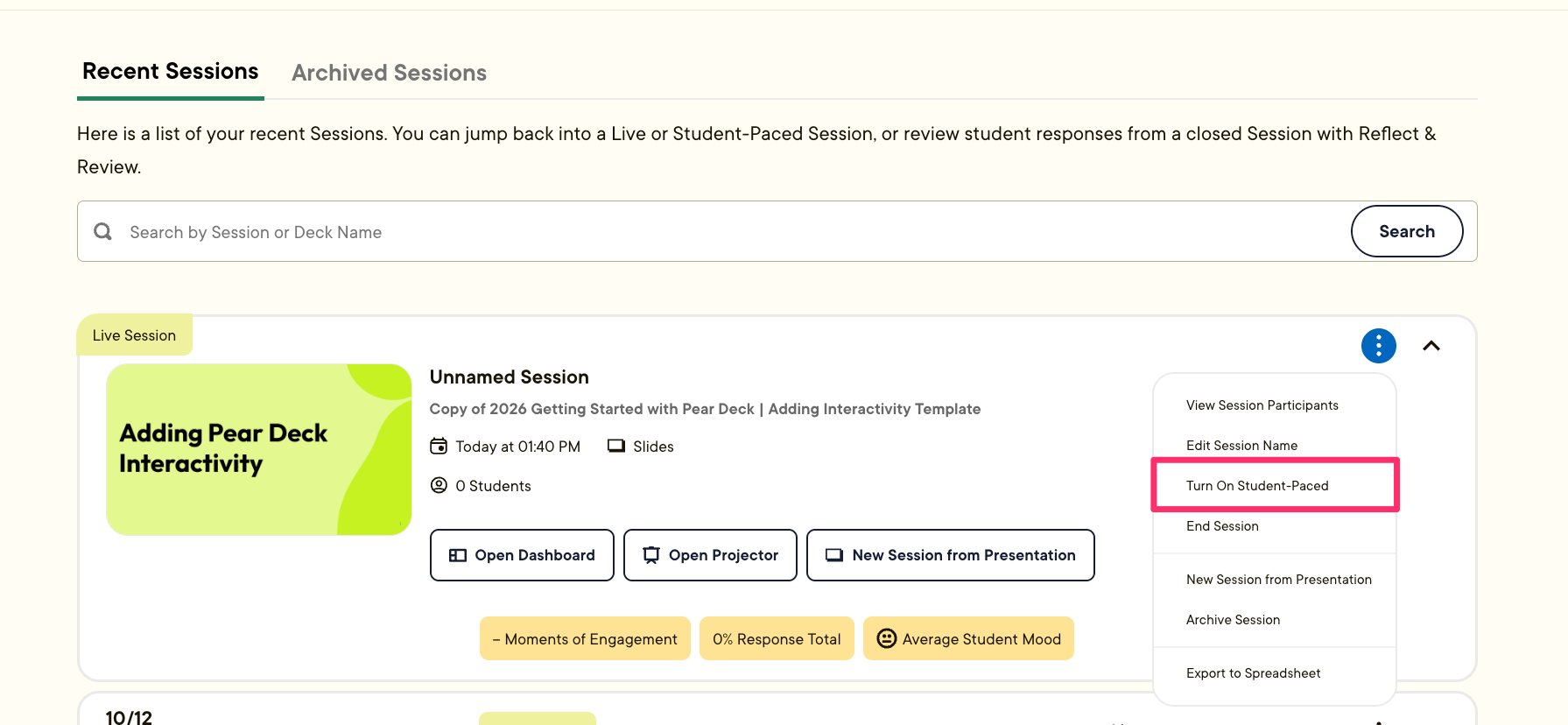 Pear Deck Sessions page showing the More Actions menu for a live session