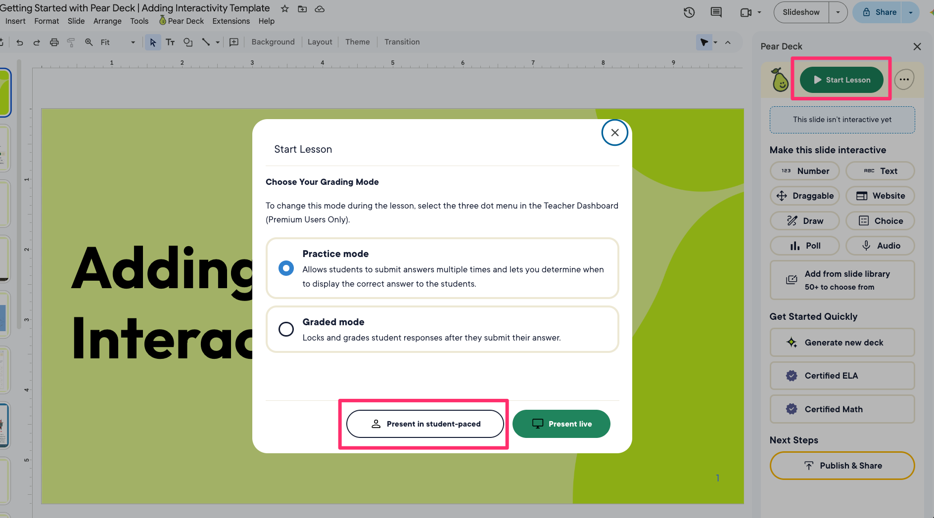 Pear Deck Start Lesson dialog showing grading modes and the Present in student-paced option