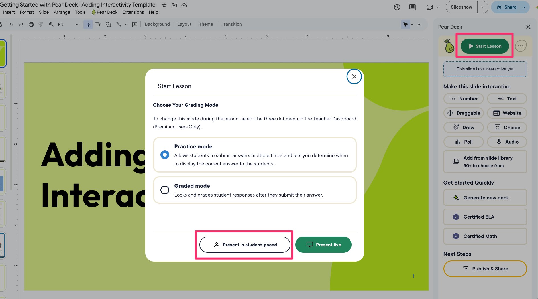 Pear Deck Start Lesson dialog showing grading modes and the Present in student-paced option