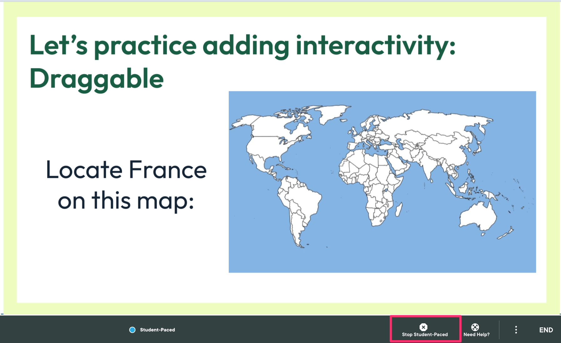 Projector view navigation bar, showing stop student paced menu item circled in red