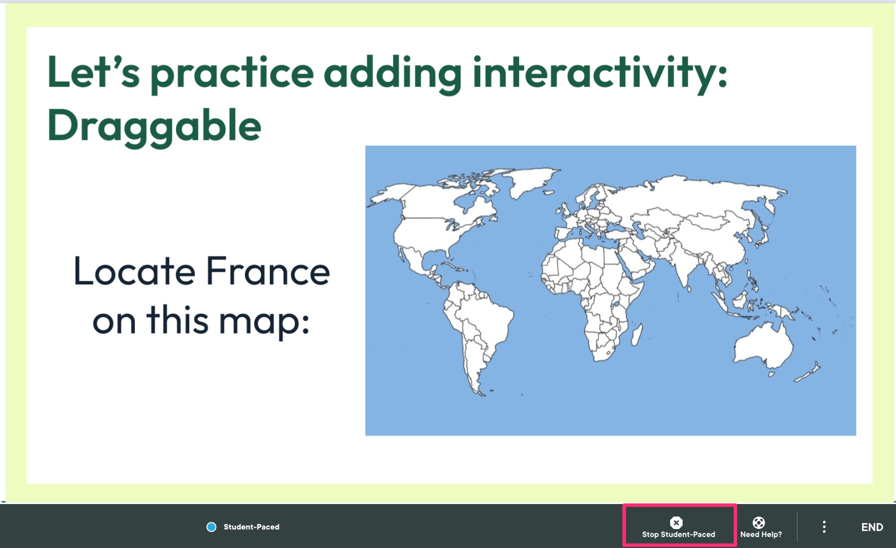 Projector view navigation bar, showing stop student paced menu item circled in red