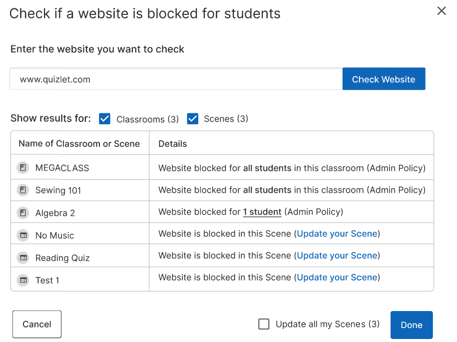 Check if a website is blocked for students. Enter the website you want to check. www.quizlet.com Check website. Show…