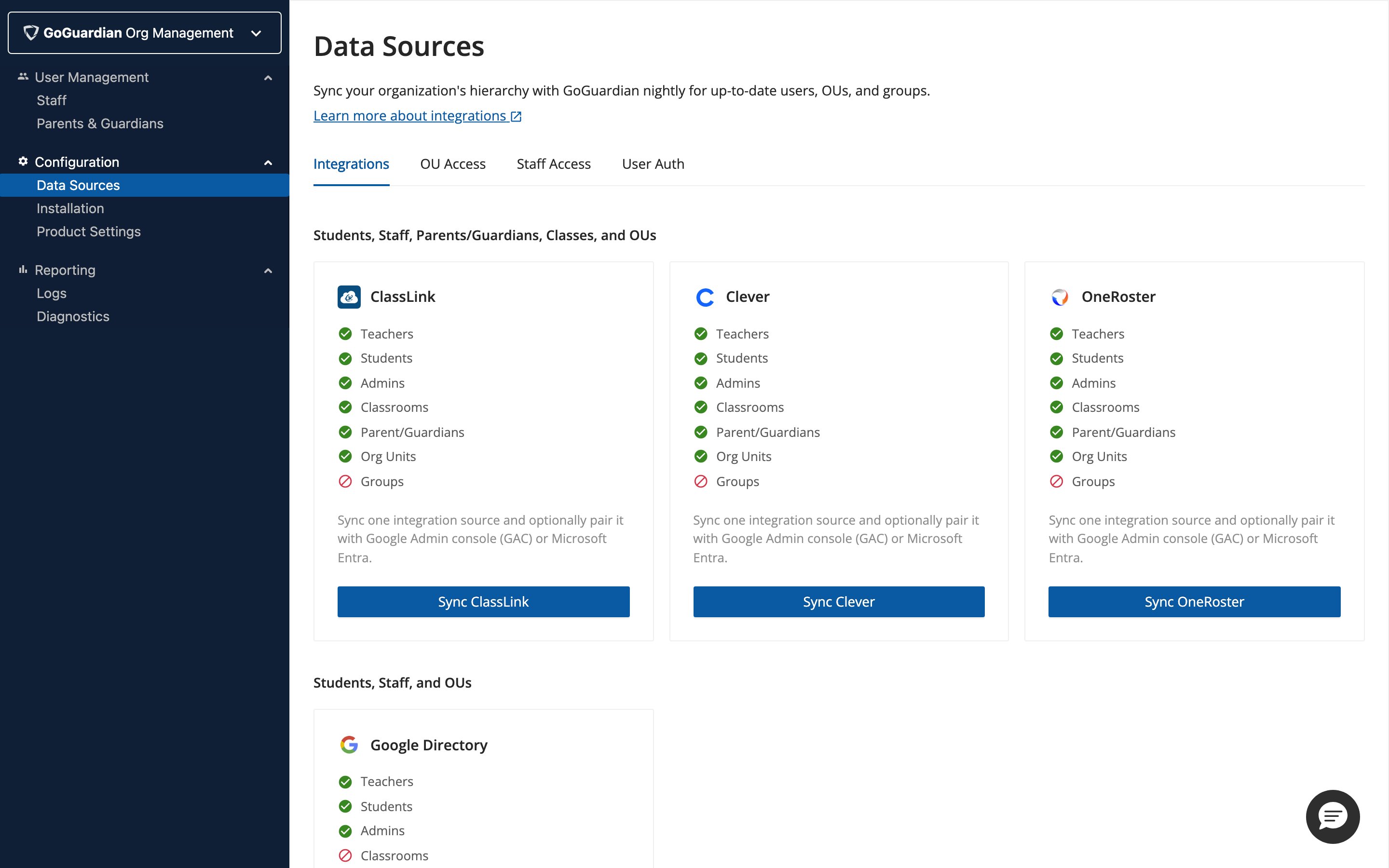 Integrations page in GoGuardian Org Management