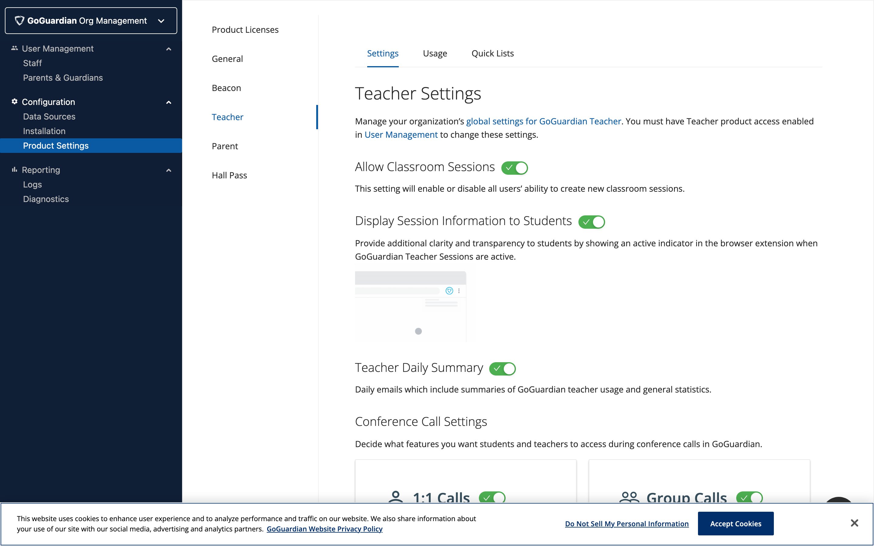 GoGuardian Teacher product settings in Org Management