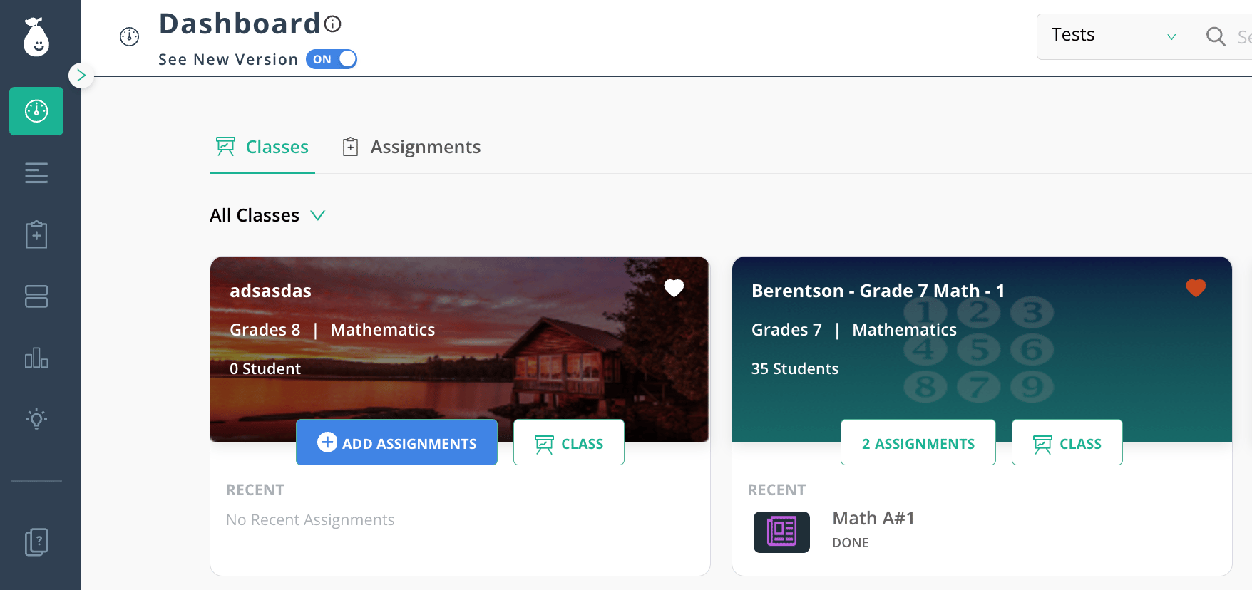 A view of classes in the Dashboard.