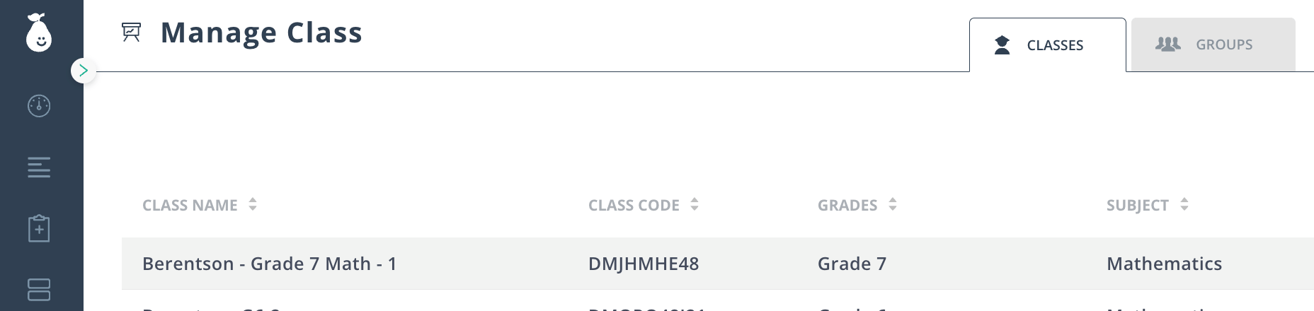 List of classes in the Manage Class view.