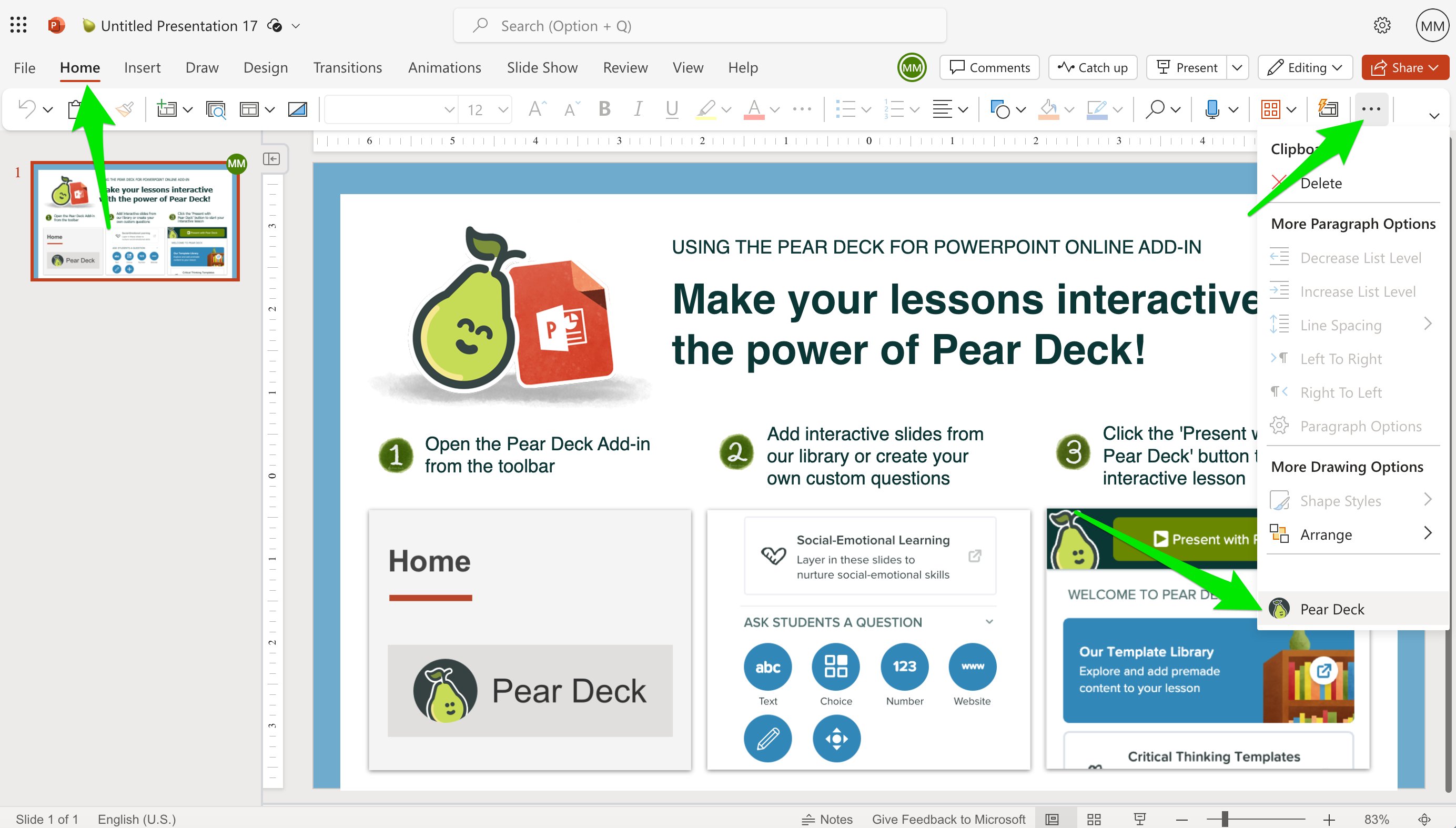 Ppt, home, more options, pear deck, with arrows