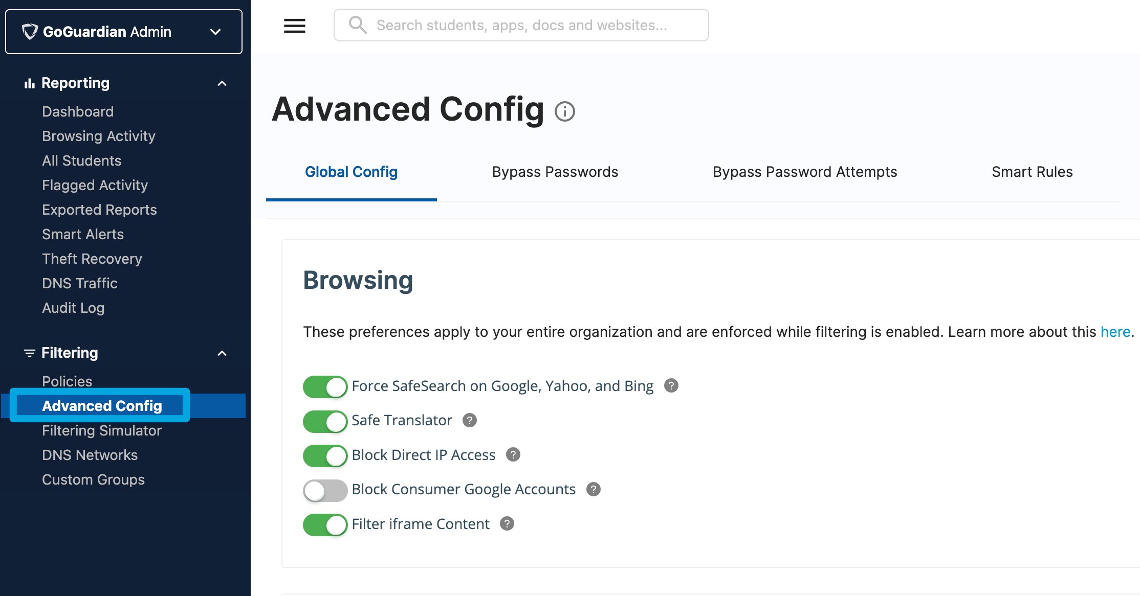 The Global Config settings page and UI in the Advanced Config section of GoGuardian Admin.