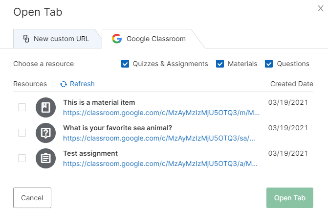 Google Classroom tab resources when using the Open Tab command
