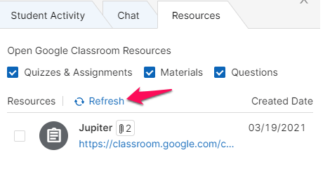 Refresh icon highlighted in Google Classroom Resources