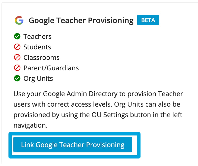 Link Google Teacher Provisioning button highlighted