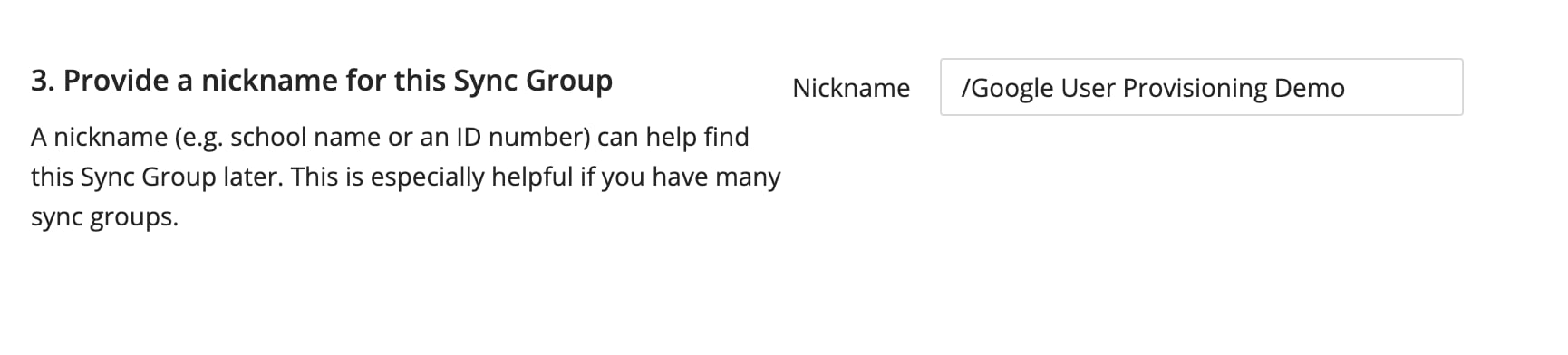 Selection to provide a nickname to the Sync Group