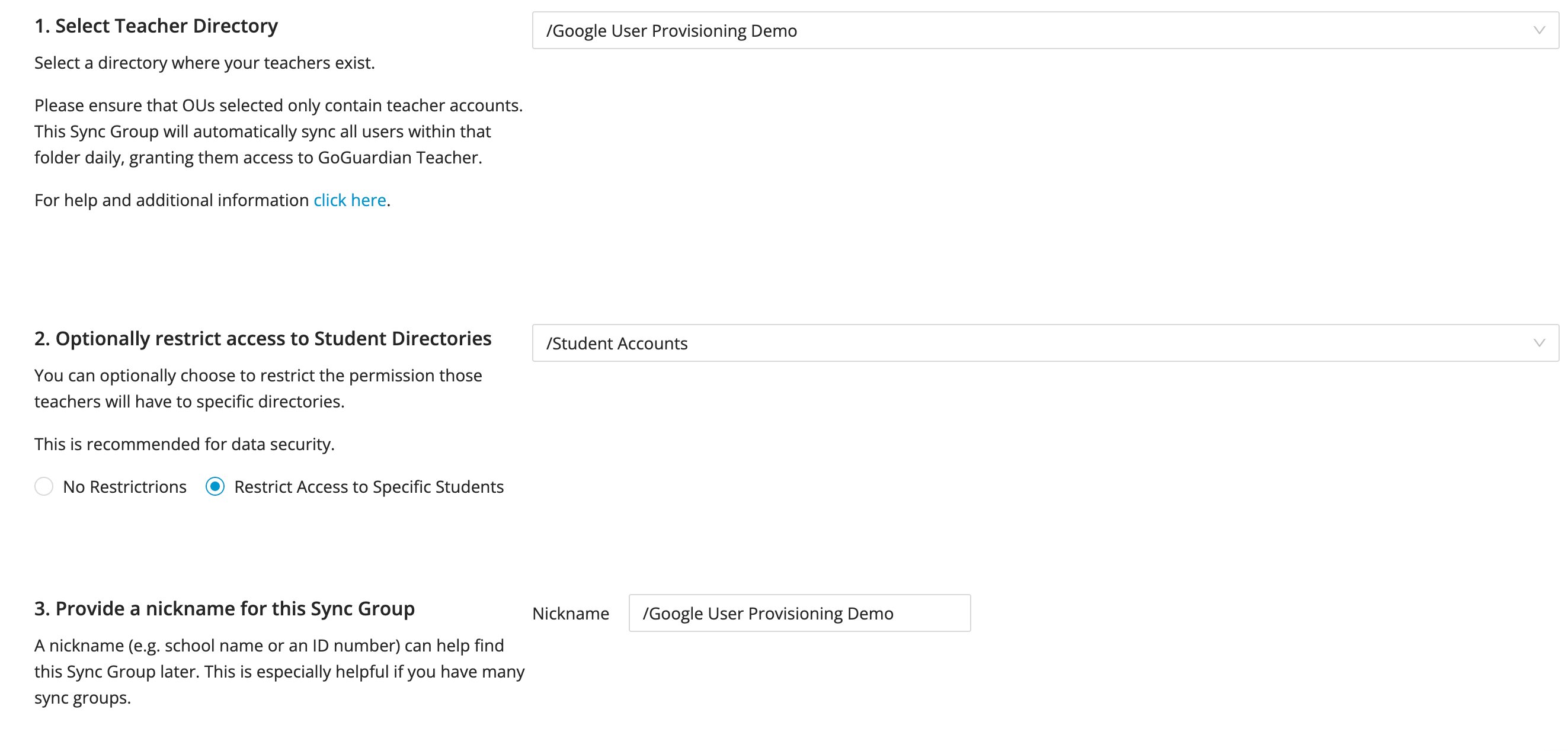 Numbered steps to set up Settings for Sync Group