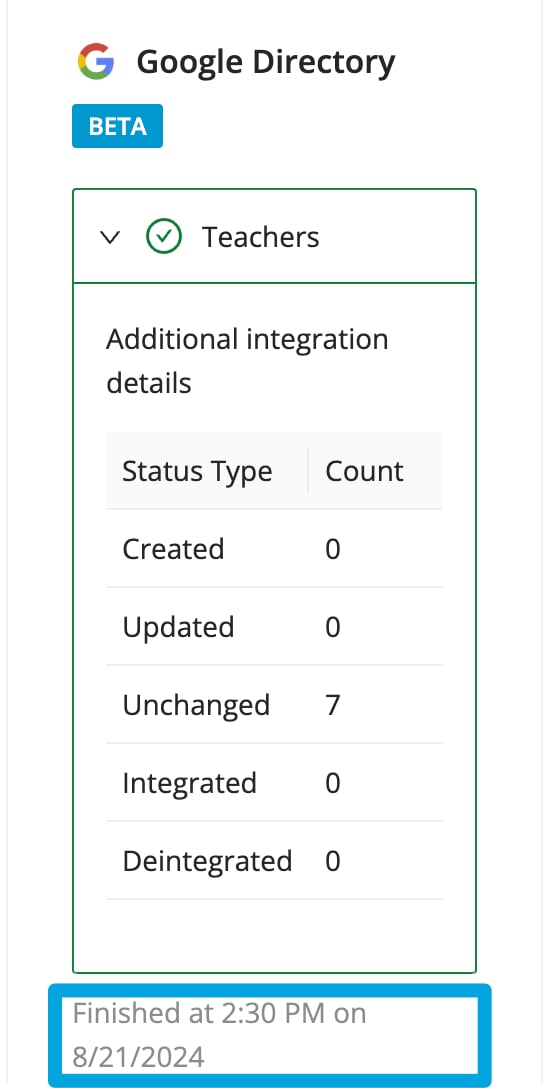 Integrations tab dropdown showing sync completion details