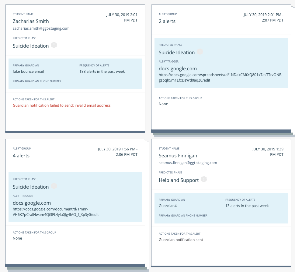 Beacon grouped alerts appear as stack of cards for the same URL display: number of alerts in the stack, date/time…