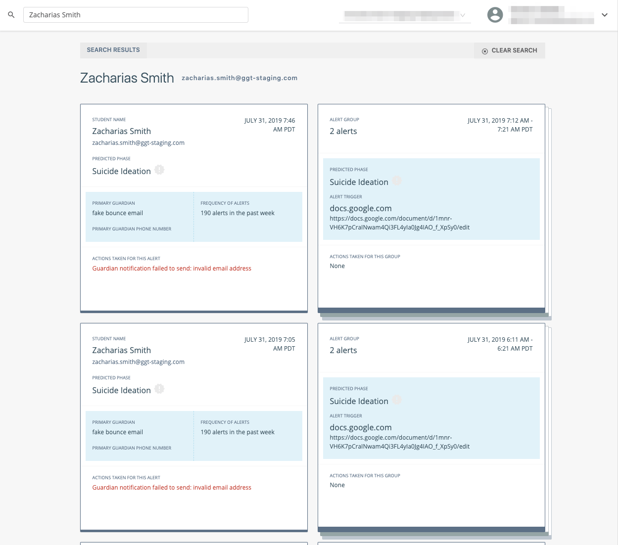 search for student name, results include single alerts and grouped alerts for the searched student