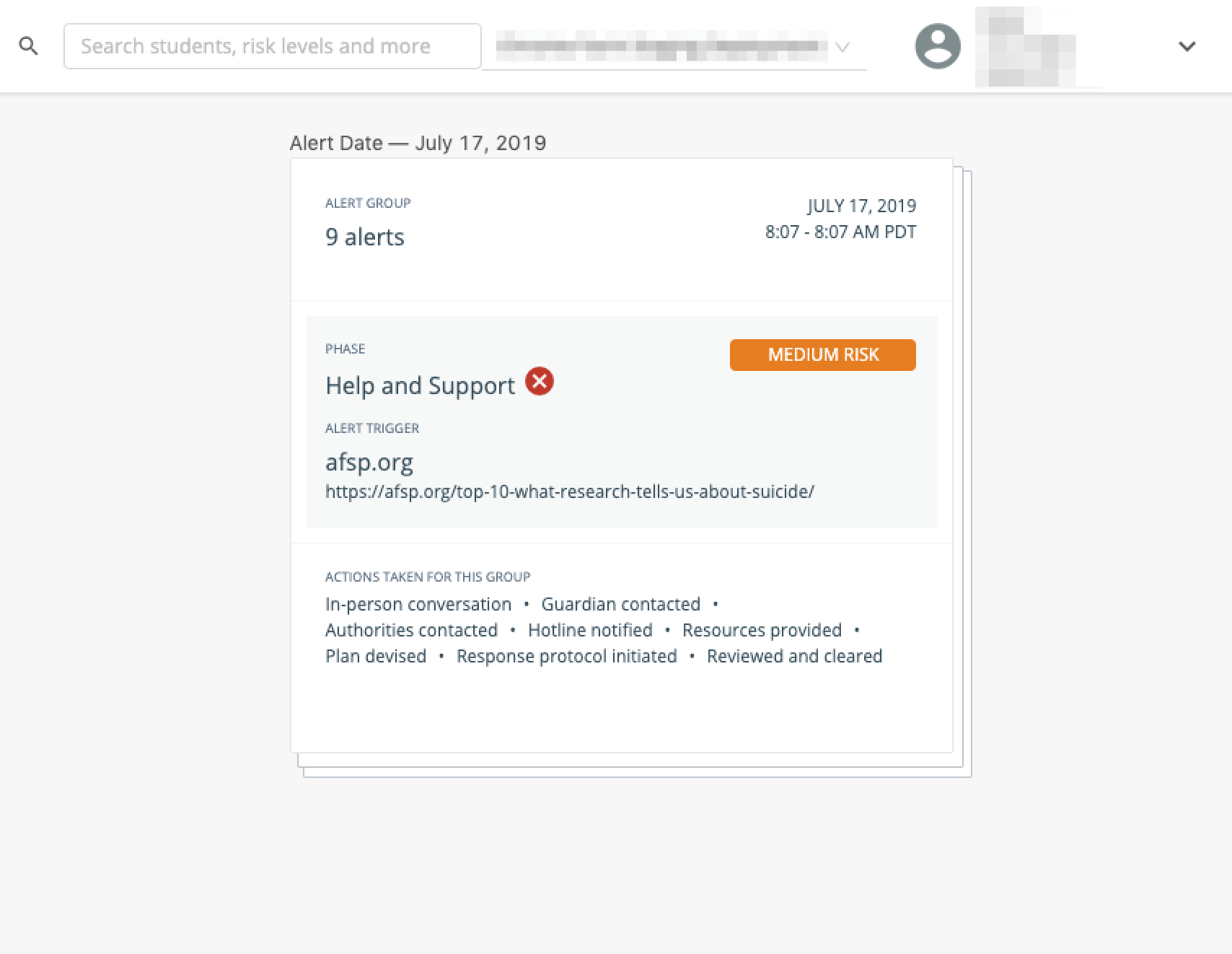 quick view: alert date - July 17, 2019, alert group: 9 alerts, date/time range, Phase: help and support, Medium…