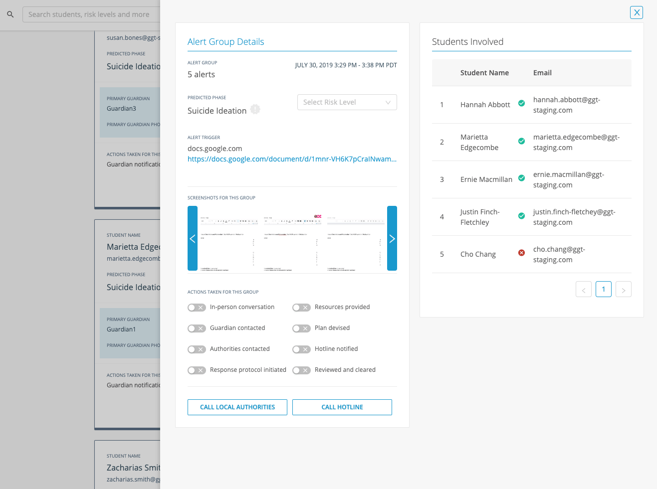 Opened Alert: Details include Screenshots. Navigation buttons left and right provided to view previews of screenshots.