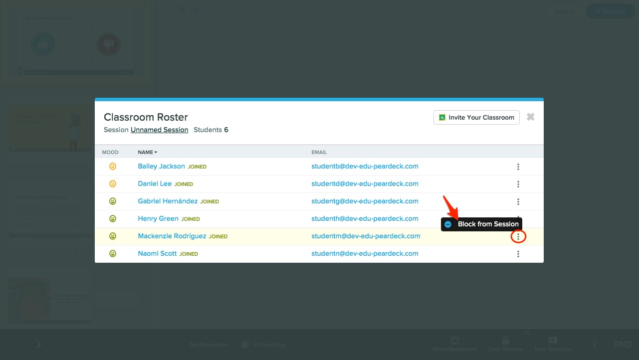 screenshot of classroom roster